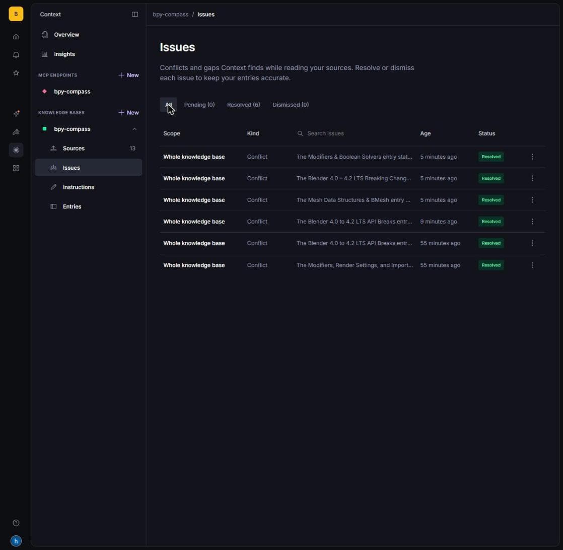 Sanity Context Issues tab with all six conflicts resolved