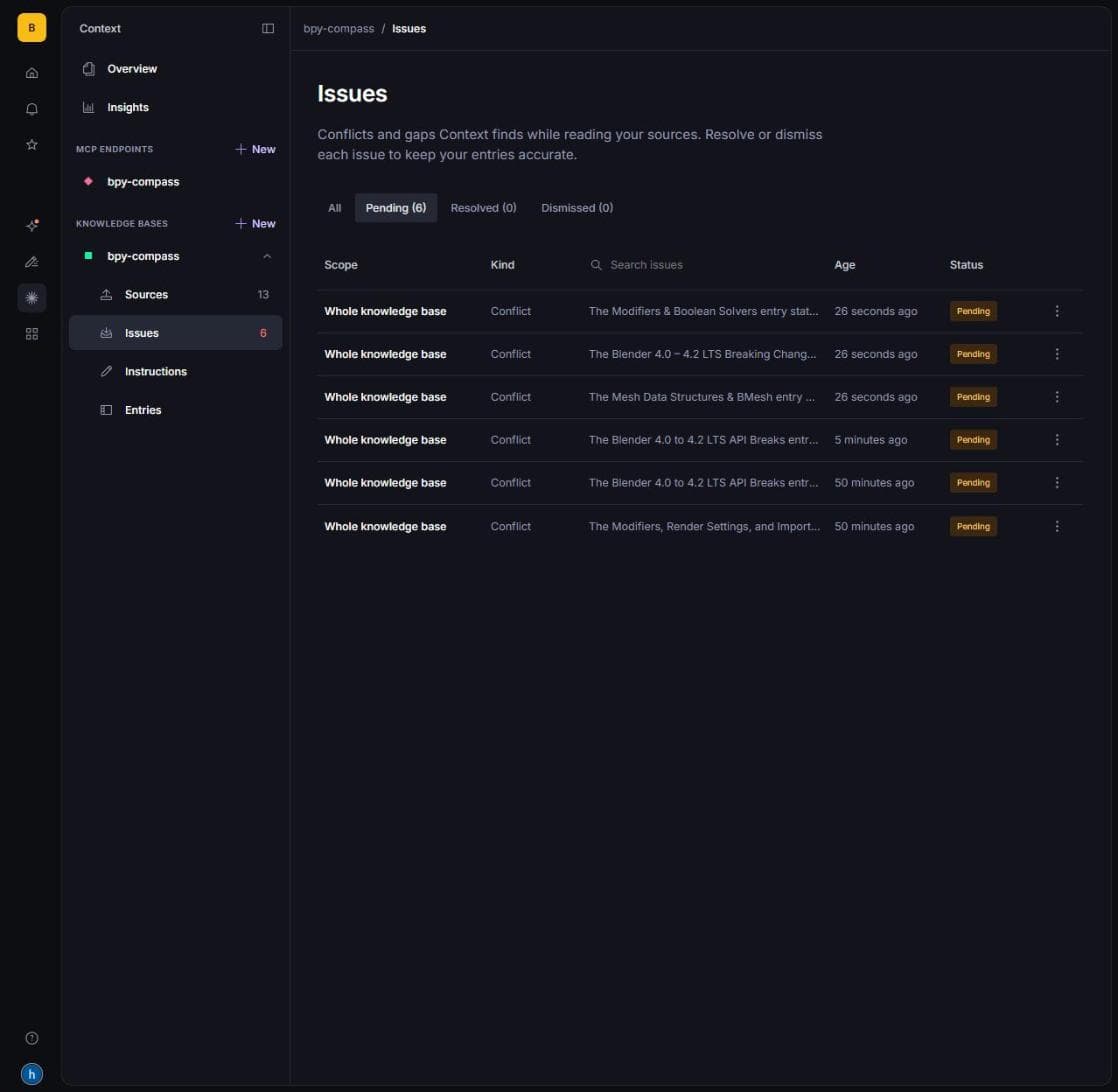 Sanity Context Issues tab listing six pending conflicts